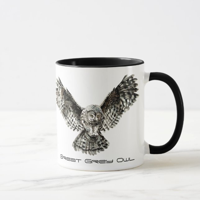 Mug Aquarelle Grande Chouette gris, Oiseau naturel (Droite)