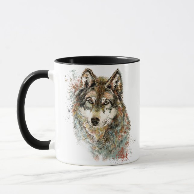 Mug Aquarelle Gris Loup Faune Animal Nature Art (Gauche)