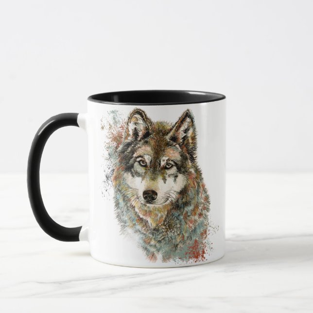 Mug Aquarelle Gris Loup Faune Animal Nature Art (Gauche)