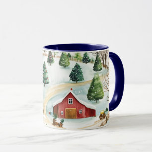 Mug Aquarelle Hiver Paysage rustique avec Fir Trees