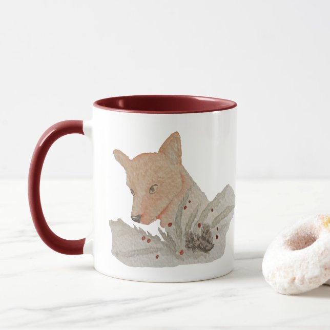 Mug Aquarelle Hiver Renard forestier (Avec donut)