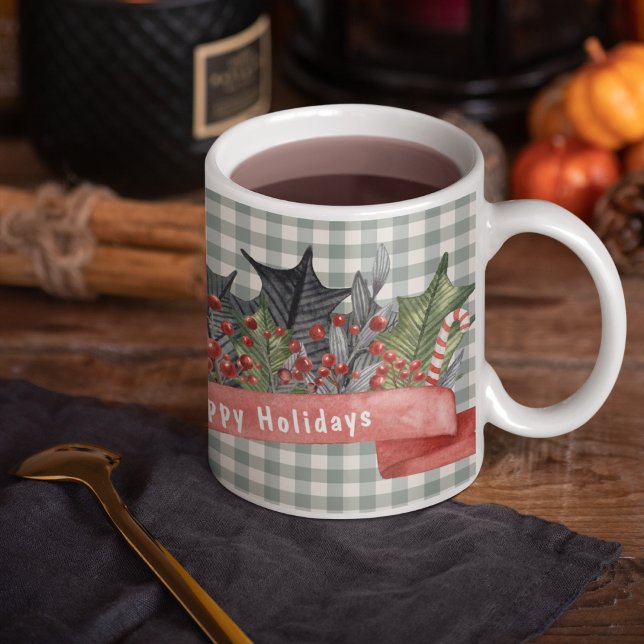 Mug Aquarelle Holly Banner sur Plaid gris (Créateur téléchargé)