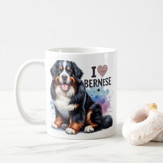 Mug Aquarelle J'aime mon chien bernois de montagne (Avec donut)
