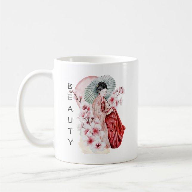 Mug Aquarelle japonaise de Geisha avec Kimono et Sakur (Gauche)