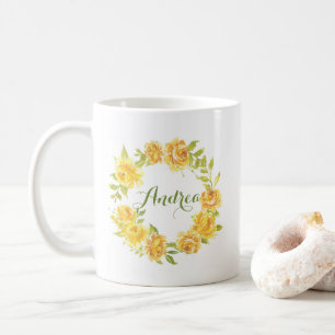 Mug Aquarelle jaune Fleurs d'été Script de couronnes