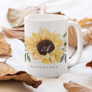 Mug Aquarelle jaune tournesols et monogramme Fleur sau