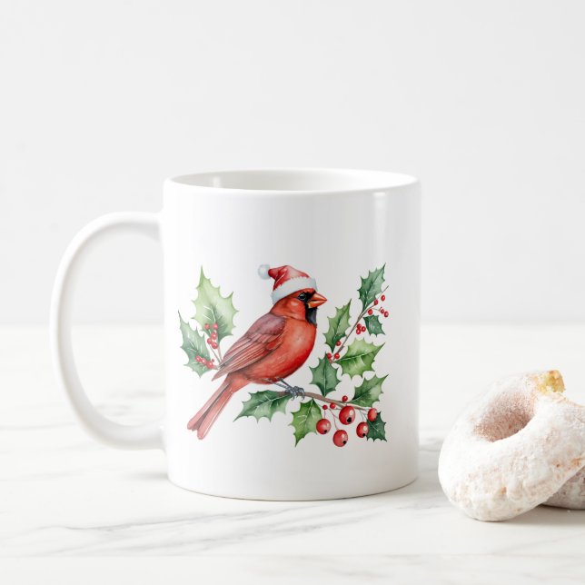 Mug Aquarelle Joyeux Noël Cardinal rouge & Berries (Avec donut)