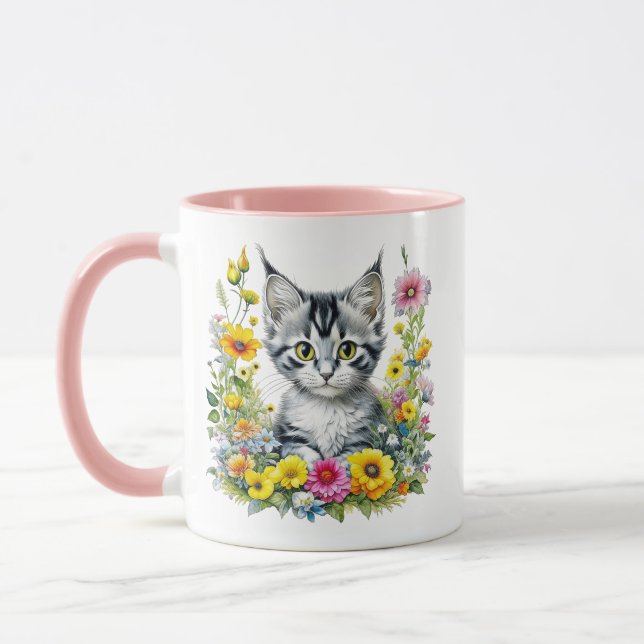 Mug Aquarelle Kitten en Fleurs Jaunes Personnalisé (Gauche)