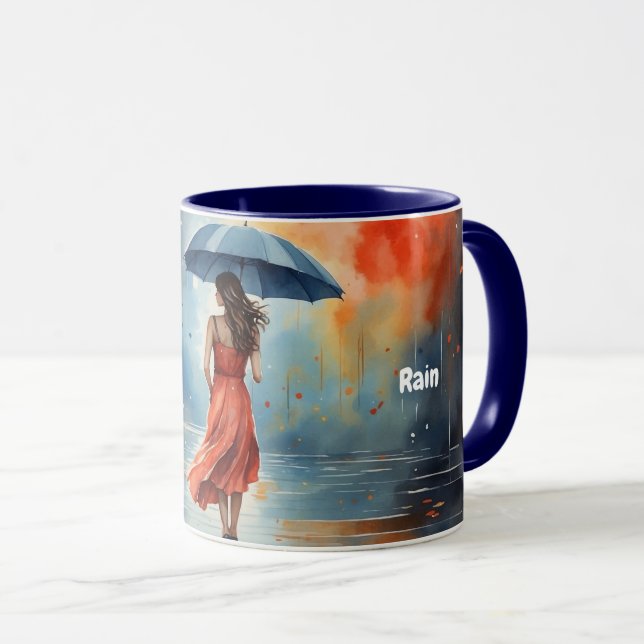 Mug Aquarelle Lady Rain avec Parapluie, Robe Rouge Mus (Devant droit)