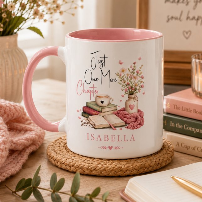Mug Aquarelle Lectrice Florale Just One More Chapter  ( just one more chapter book lover reading bookworm literary funny bookish bibliophile cute pink)