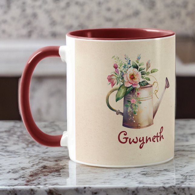 Mug Aquarelle Look Fleurs arrosage canne avec nom (Créateur téléchargé)
