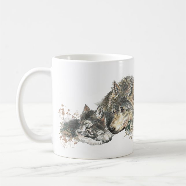 Mug Aquarelle Mère Wolf & Cubs Animal Art (Gauche)