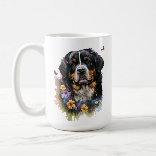 Mug Aquarelle mignonne Bernese Mountain Dog avec fleur (Gauche)