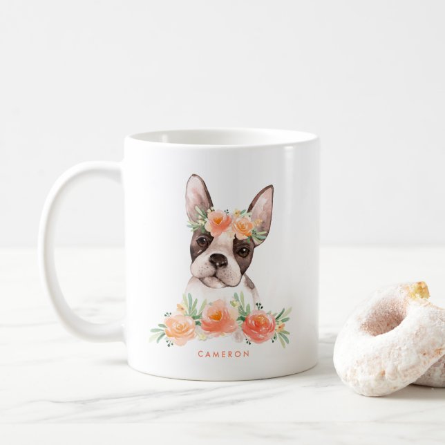 Mug Aquarelle mignonne Boston Terrier Pêche Florale (Avec donut)