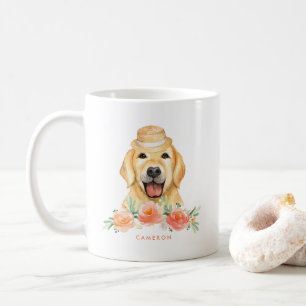 Mug Aquarelle mignonne Golden Retriever Peach Floral