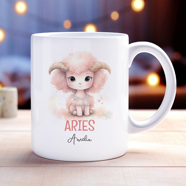 Mug Aquarelle mignonne Illustration de Aries Nom du zo (Cute Watercolor Illustration of Aries Zodiac Name Coffee Mug)