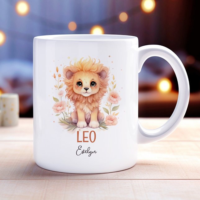 Mug Aquarelle mignonne Illustration du nom du zodiaque (Cute Watercolor Illustration of Leo Zodiac Name Coffee Mug)