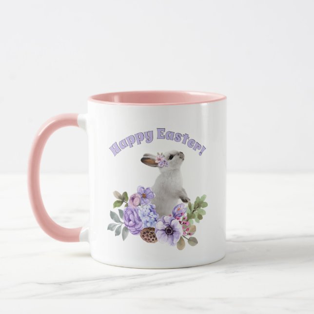 Mug Aquarelle mignonne Lapin de Pâques avec Fleurs (Gauche)