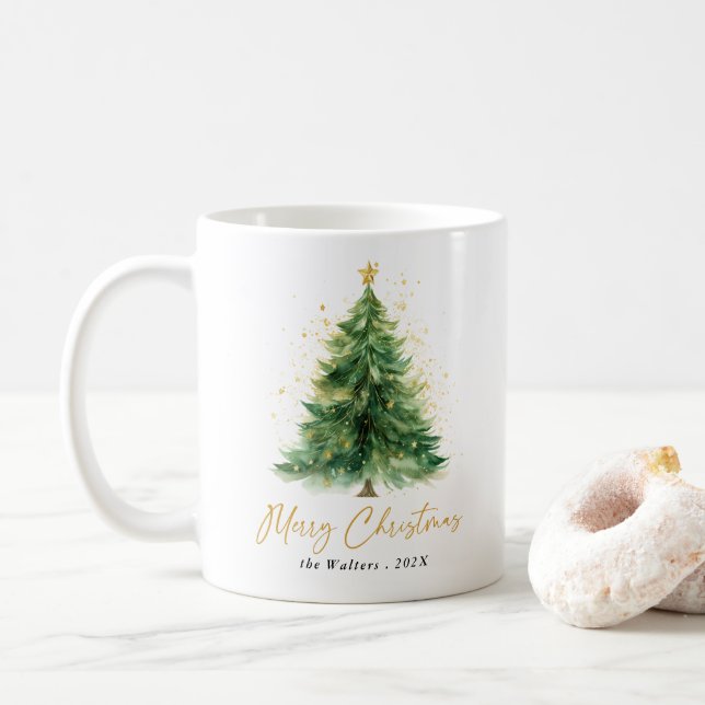 Mug Aquarelle moderne Arbre de Noël Non photo (Avec donut)