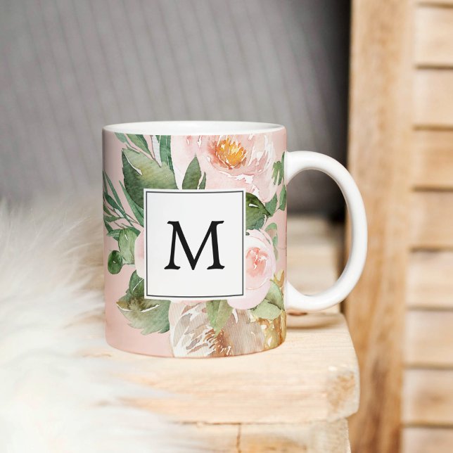 Mug Aquarelle moderne Fleurs roses Monogrammes (Créateur téléchargé)