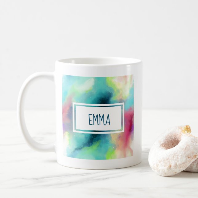Mug Aquarelle moderne Green & Red Space Nebula (Avec donut)