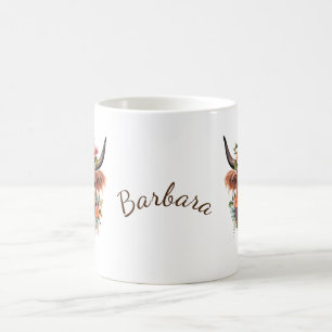 Mug Aquarelle moderne vache Highland avec fleurs