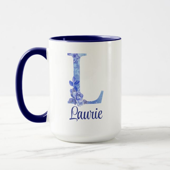 Mug Aquarelle monochrome de 15 oz Blues et Floral (Gauche)