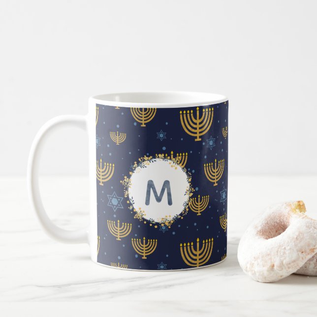 Mug Aquarelle Monogram Marine Blue + Hanoukka Motif (Avec donut)