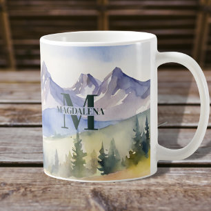 Mug Aquarelle Montagnes Paysage Nom du monogramme