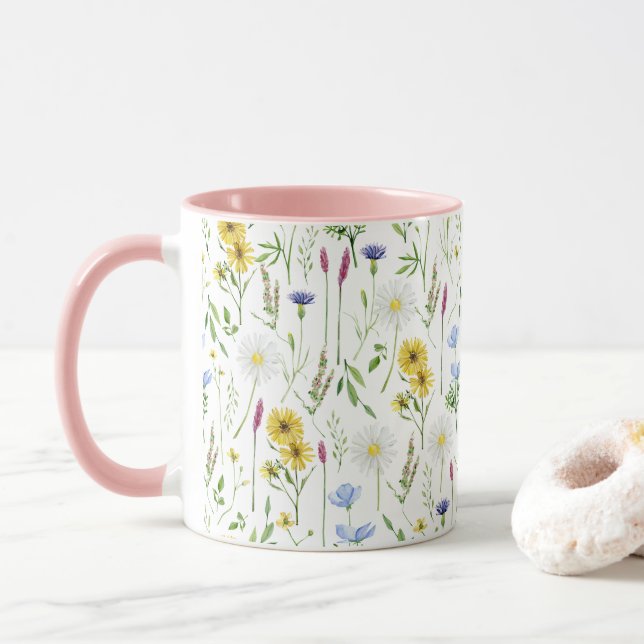 Mug Aquarelle Motif floral de prairie sauvage (Avec donut)
