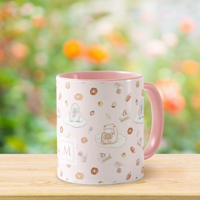 Mug Aquarelle Mouton Pingouin Desserts Monogramme rose (Créateur téléchargé)