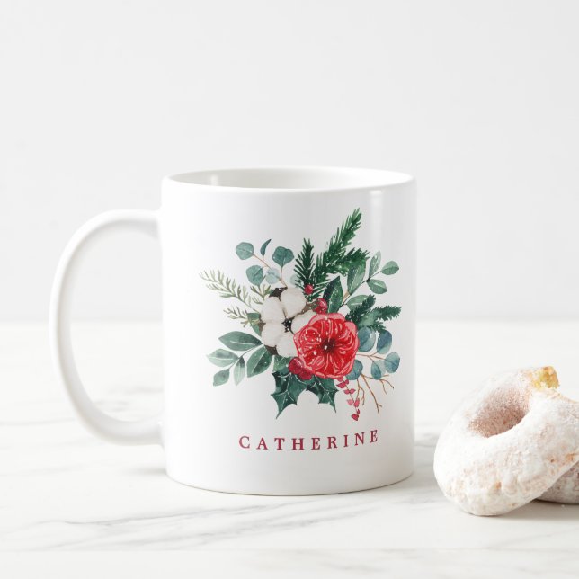 Mug Aquarelle Noël Botanique Nom personnalisé (Avec donut)