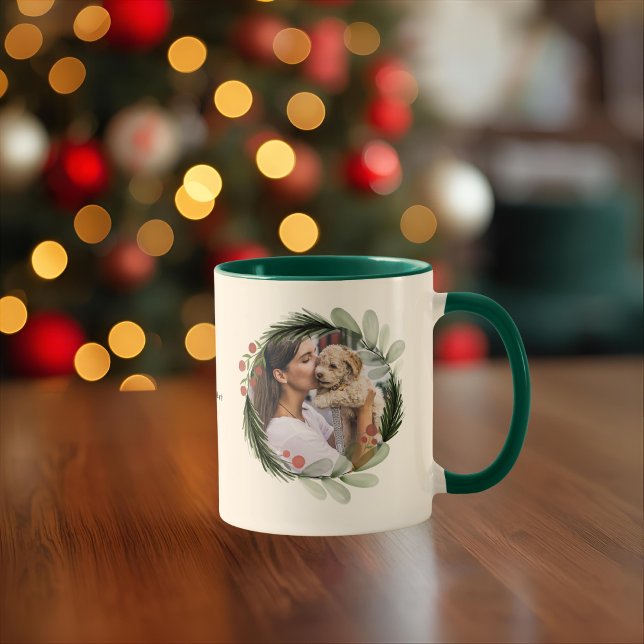 Mug Aquarelle Noël couronne Calligraphie Chien Photo (Créateur téléchargé)