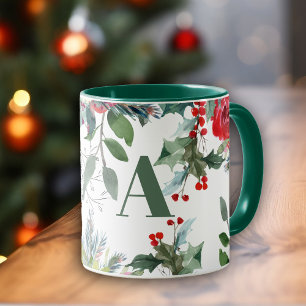 Mug Aquarelle Noël floral élégant monogramme vert
