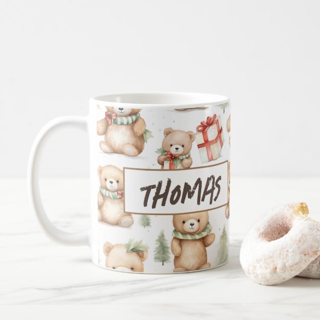 Mug Aquarelle Noël Teddy Nom de l'ours (Avec donut)