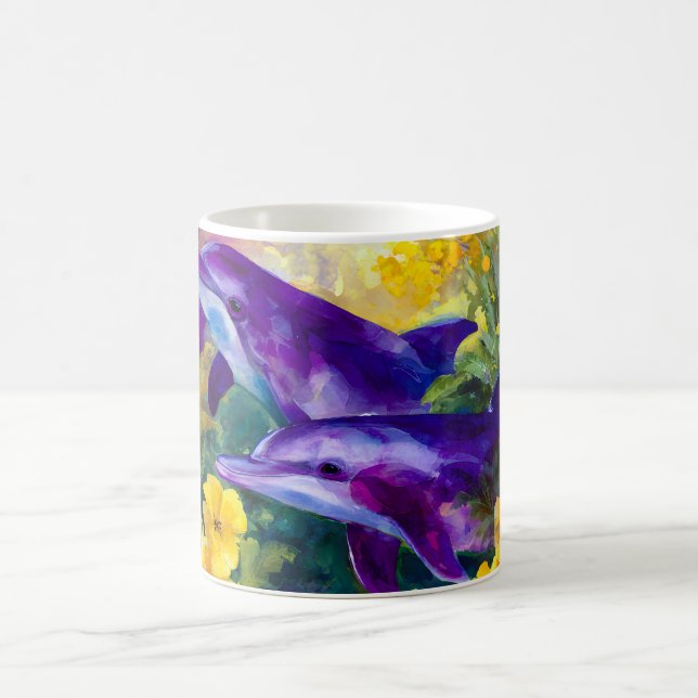 Mug Aquarelle Océan Dauphins Fleurs Tropicales (Centre)