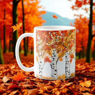 Mug Aquarelle Oiseaux Arbres Automne Orange Feuille