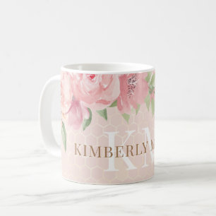Mug Aquarelle or bleu rose rose floral Monogramme