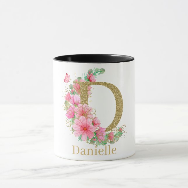 Mug Aquarelle Or et Lettre Monogramme Floral D (Centre)