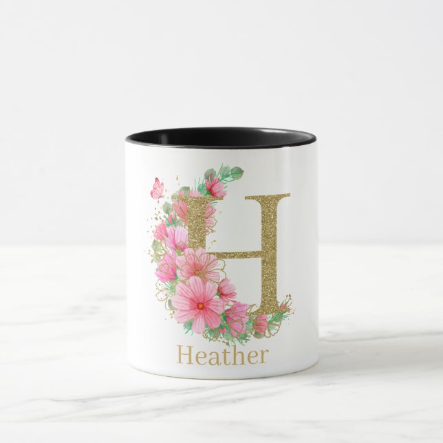 Mug Aquarelle or et monogramme floral H (Centre)