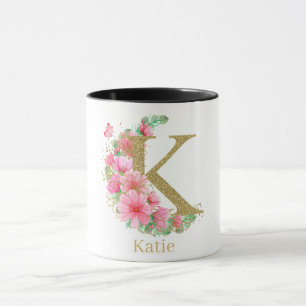 Mug Aquarelle Or et Monogramme Floral Lettre K