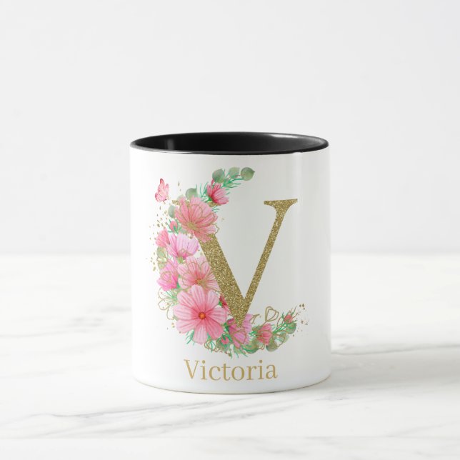 Mug Aquarelle or et monogramme floral V (Centre)