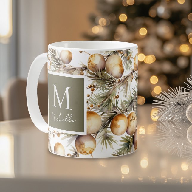 Mug Aquarelle Or Feuillage de Noël Monogramme (Créateur téléchargé)