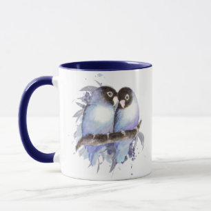 Mug Aquarelle originale Bleu Lovebirds, Boue d'oiseaux