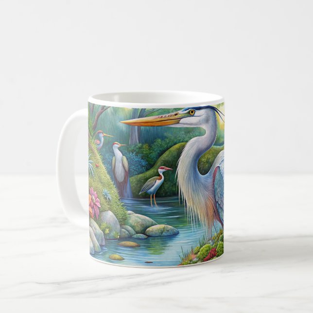 Mug Aquarelle originale Grand Héron Bleu Boug d'oiseau (Devant gauche)