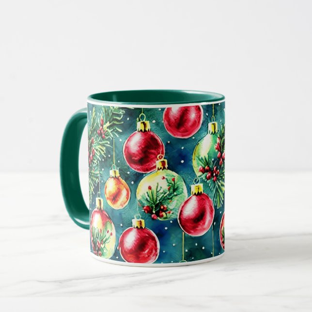 Mug Aquarelle ornements de Noël, rouge et vert Turquoi (Devant gauche)