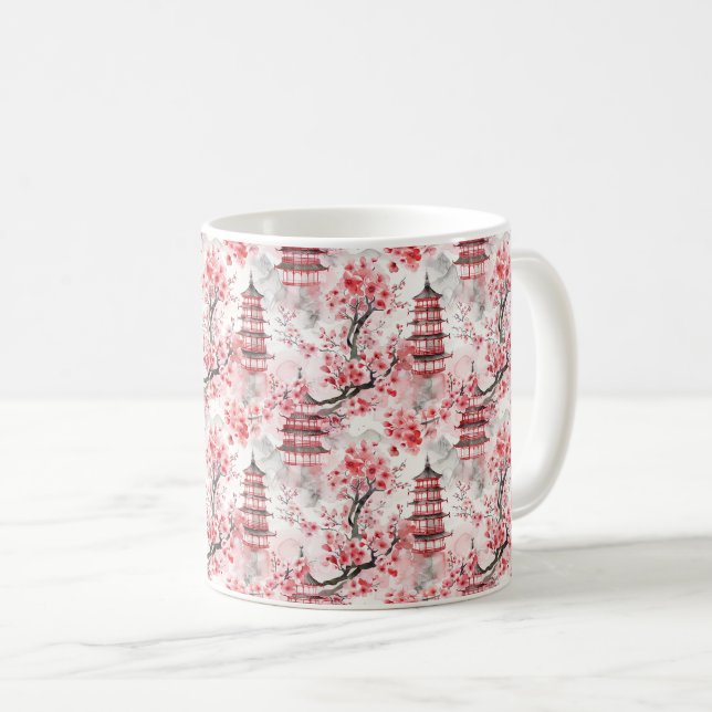 Mug Aquarelle Pagode chinoise aux fleurs de cerisiers  (Devant droit)