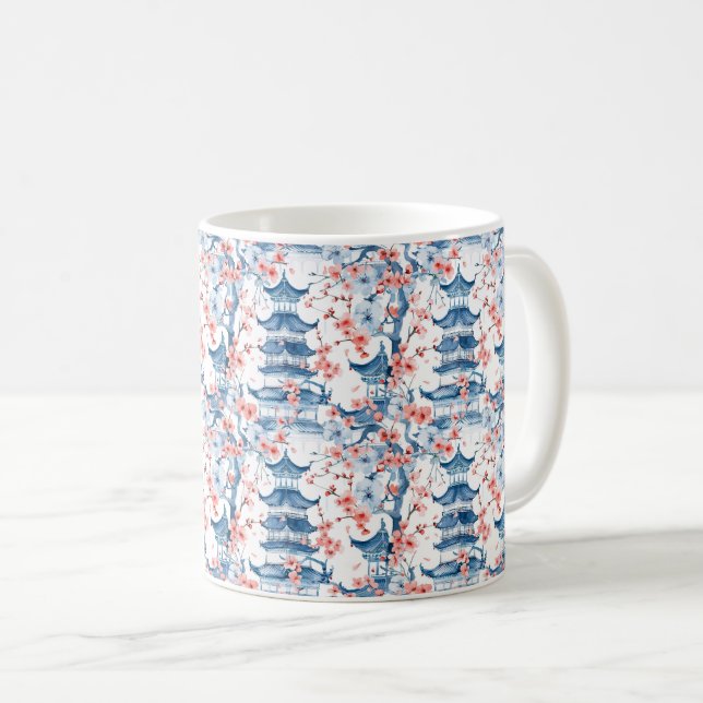 Mug Aquarelle Pagode chinoise avec fleurs de cerisiers (Devant droit)