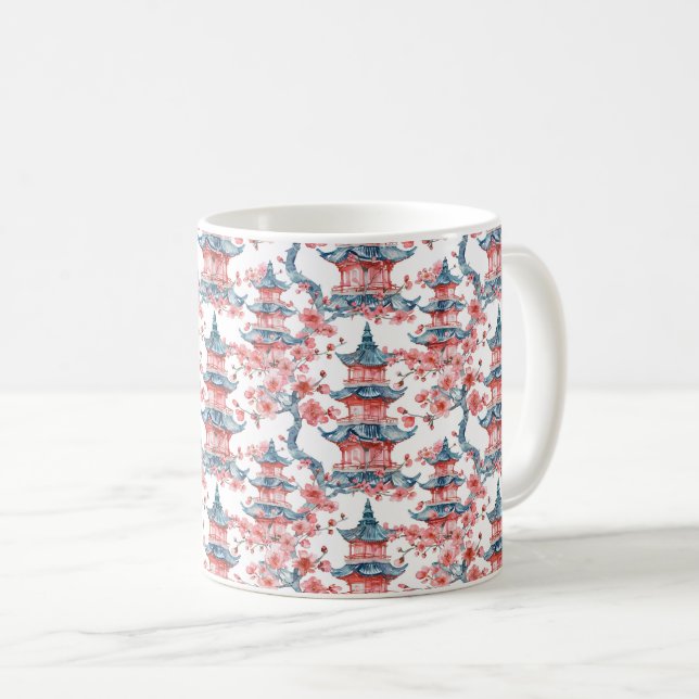 Mug Aquarelle Pagode chinoise avec fleurs de cerisiers (Devant droit)