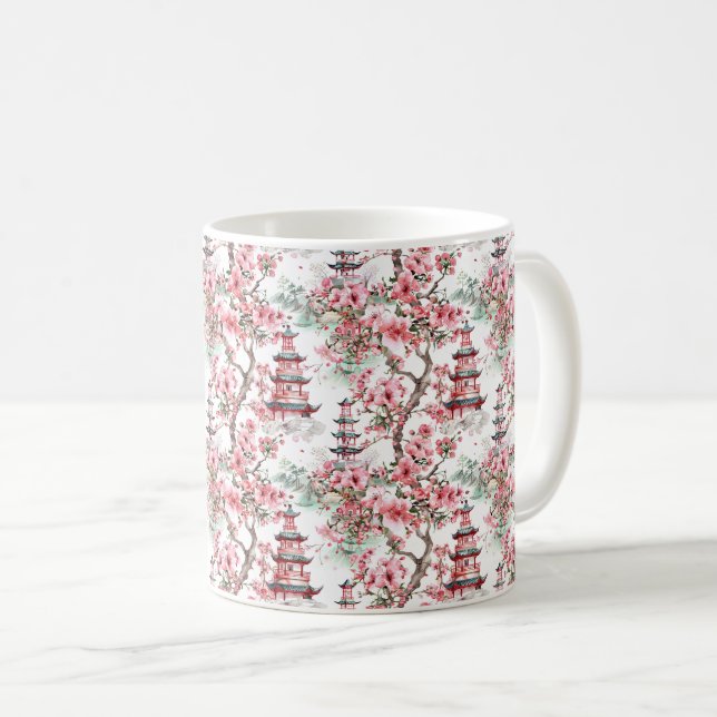 Mug Aquarelle Pagode chinoise - Fleurs de cerisiers (1 (Devant droit)